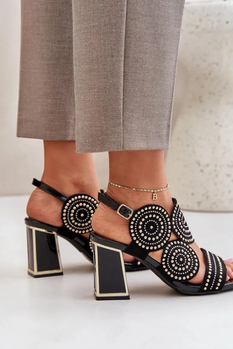 Zdobione Sandały Na Słupku Czarne Delariona