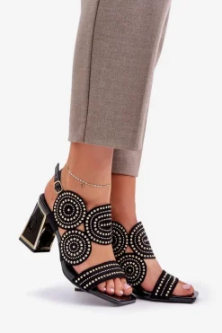 Zdobione Sandały Na Słupku Czarne Delariona