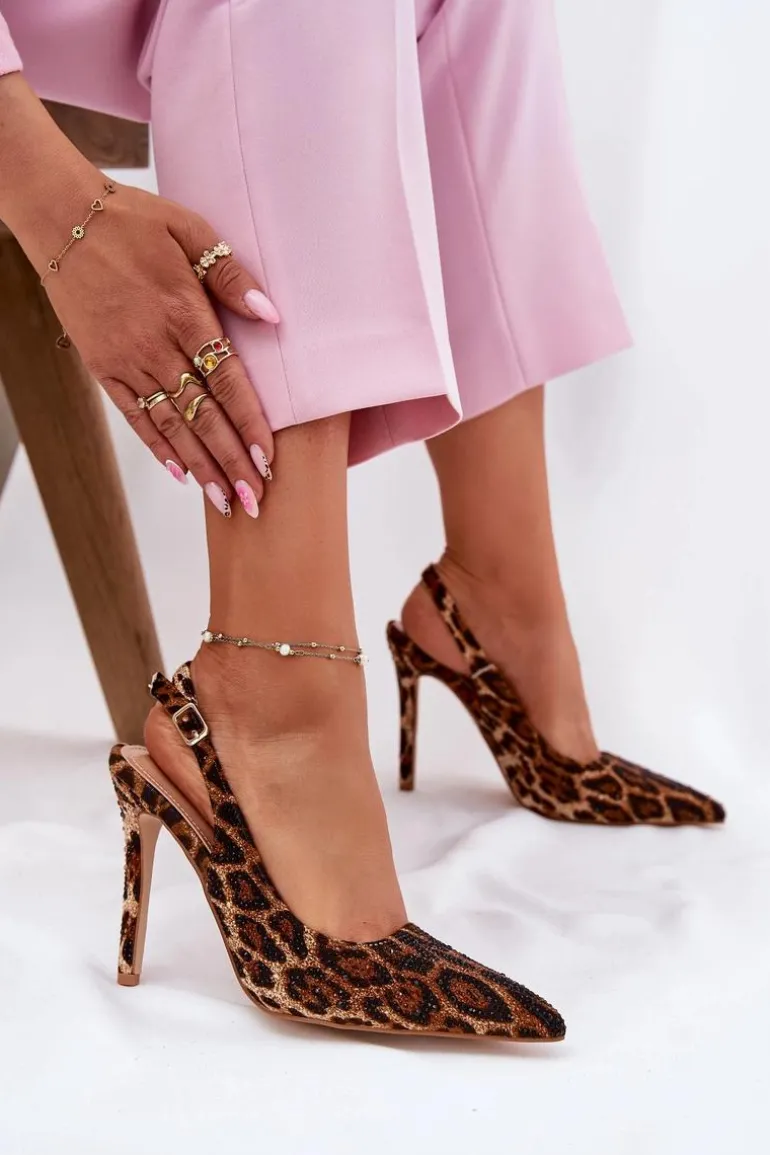 Zdobione Sandały Na Szpilce Panterka Brązowe Kemonia