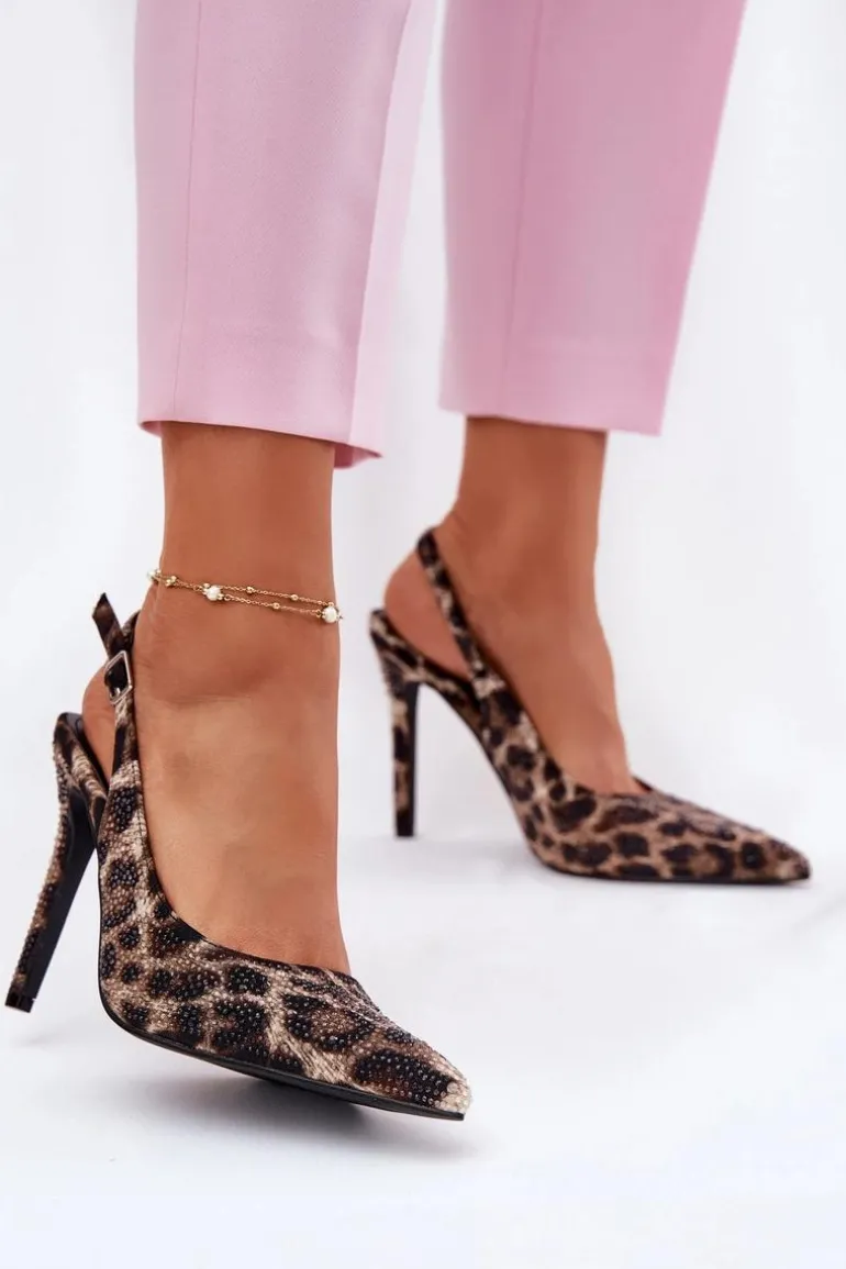 Zdobione Sandały Na Szpilce Panterka Beżowo-Czarne Kemonia