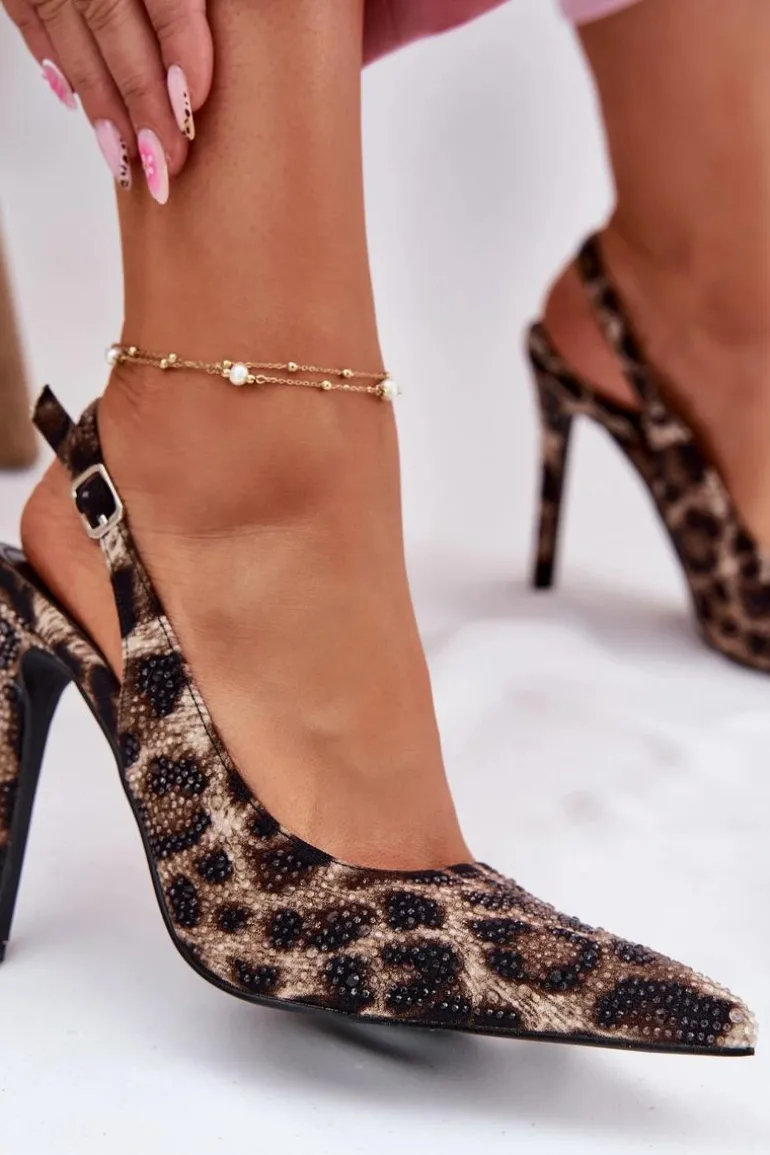 Zdobione Sandały Na Szpilce Panterka Beżowo-Czarne Kemonia