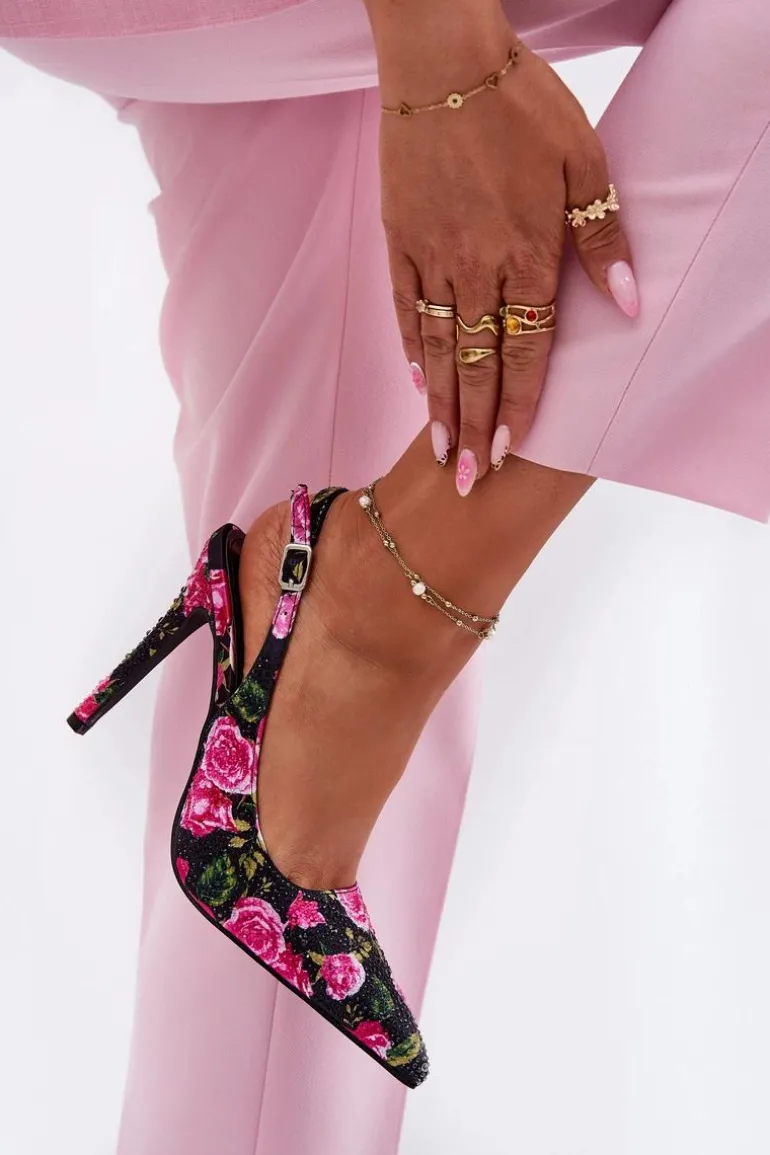 Zdobione Sandały Na Szpilce W Róże Czarne Vevessa