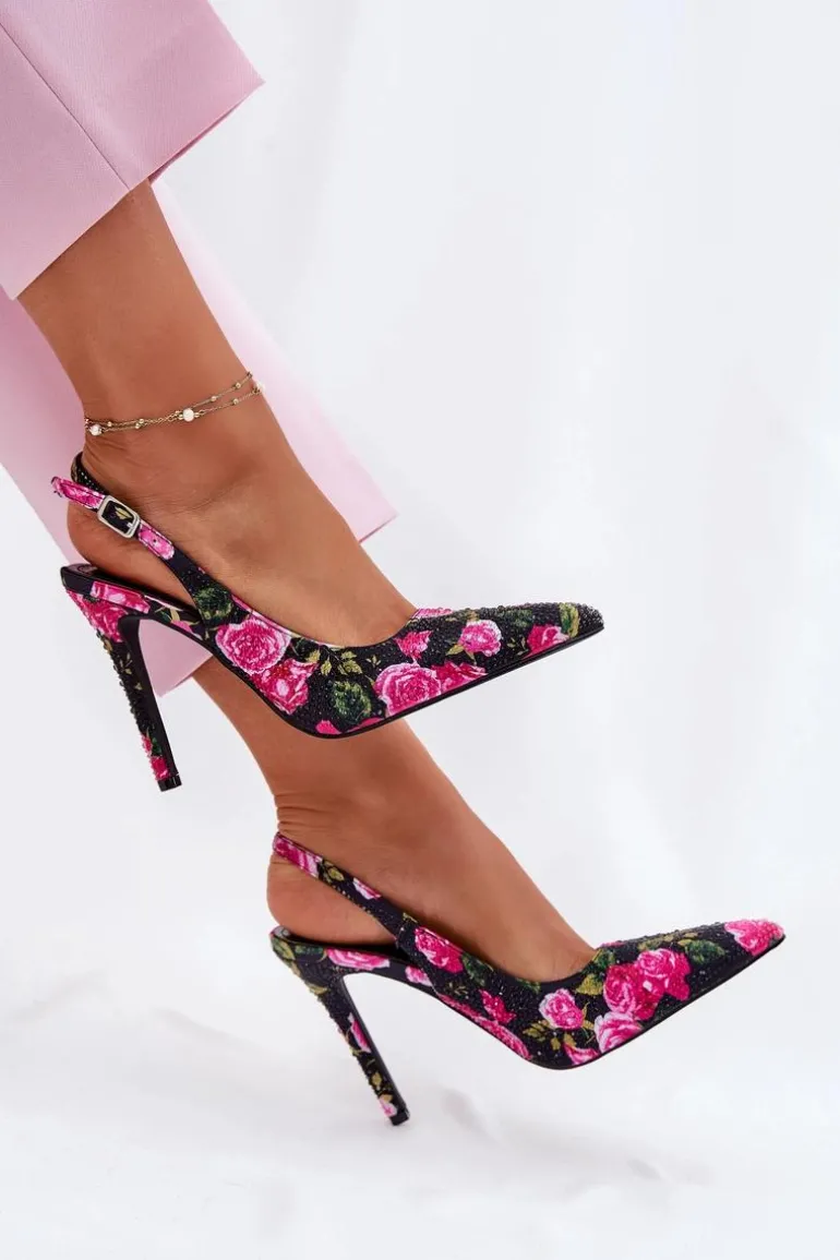 Zdobione Sandały Na Szpilce W Róże Czarne Vevessa
