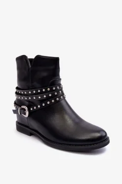 Zdobione Skórzane Botki Damskie Na Płaskim Obcasie Czarne Adkrana