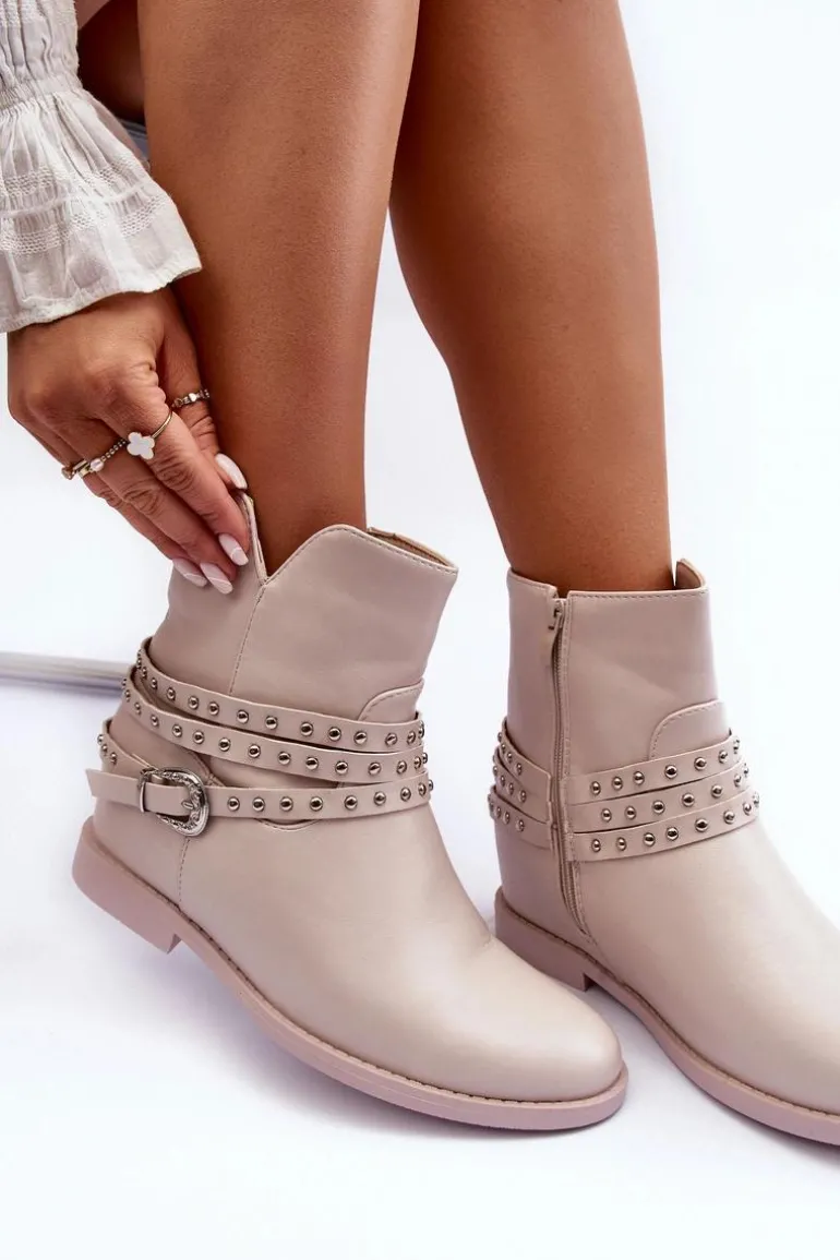 Zdobione Skórzane Botki Damskie Na Płaskim Obcasie Beżowe Adkrana