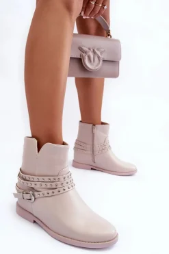 Zdobione Skórzane Botki Damskie Na Płaskim Obcasie Beżowe Adkrana