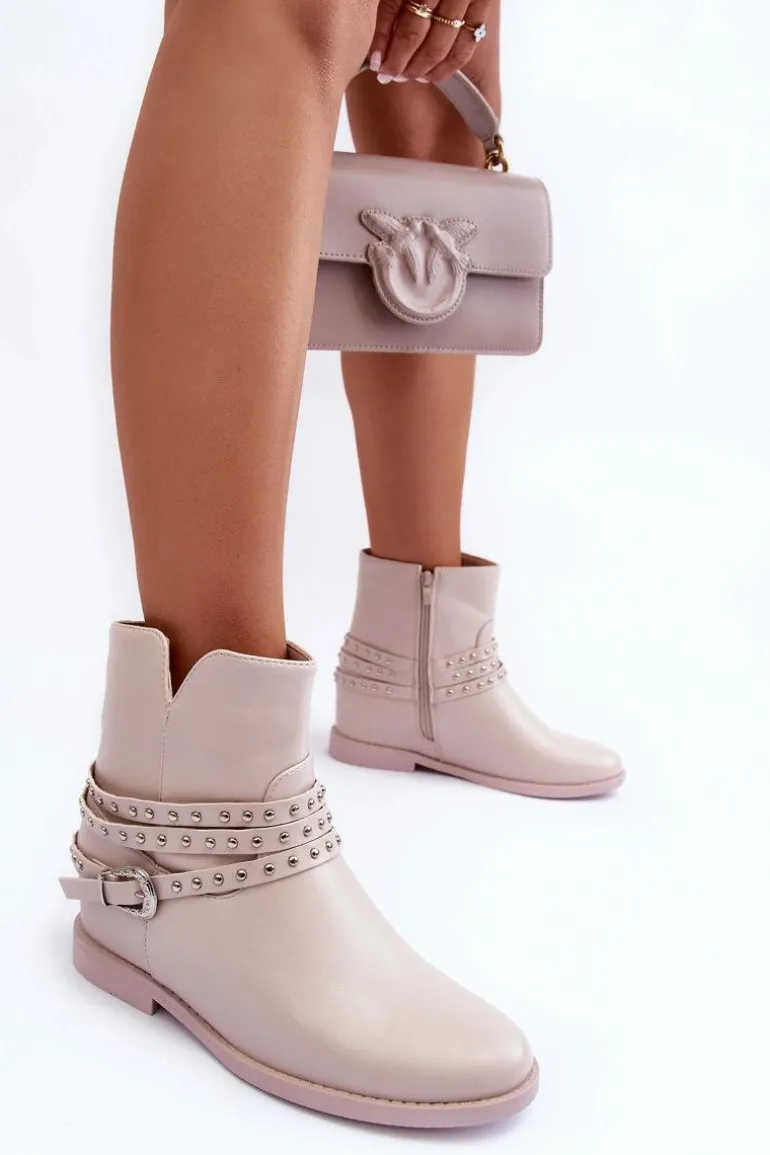 Zdobione Skórzane Botki Damskie Na Płaskim Obcasie Beżowe Adkrana