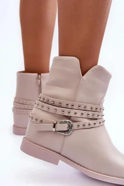 Zdobione Skórzane Botki Damskie Na Płaskim Obcasie Beżowe Adkrana