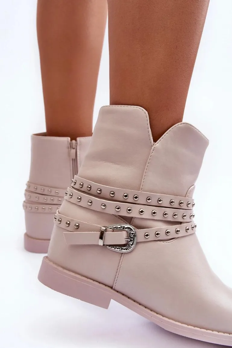 Zdobione Skórzane Botki Damskie Na Płaskim Obcasie Beżowe Adkrana