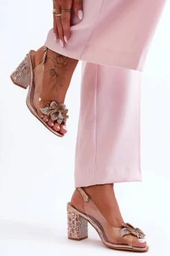 Zdobione Stylowe Sandały Transparentne Różowe Złoto S.Barski MR1037-18