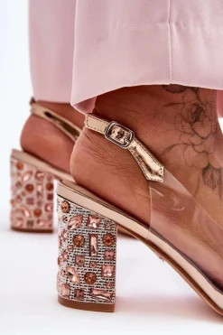 Zdobione Stylowe Sandały Transparentne Różowe Złoto S.Barski MR1037-18