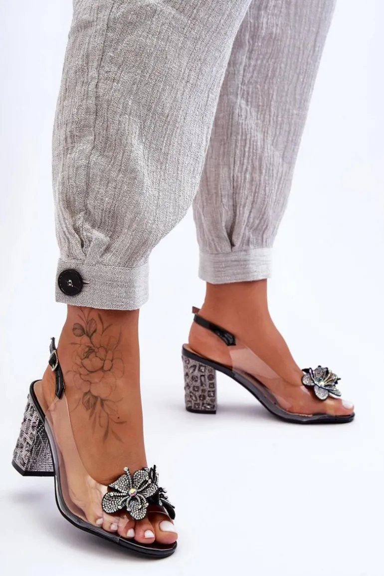 Zdobione Stylowe Sandały Transparentne Czarne S.Barski MR1037-18