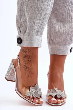 Zdobione Stylowe Sandały Transparentne Srebrne S.Barski MR1037-18