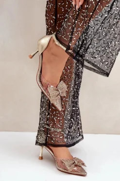 Zdobione Szpilki Z Kokardą Złote Laviri