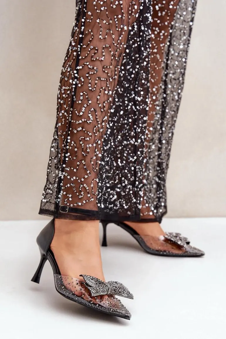 Zdobione Szpilki Z Kokardą Czarne Laviri