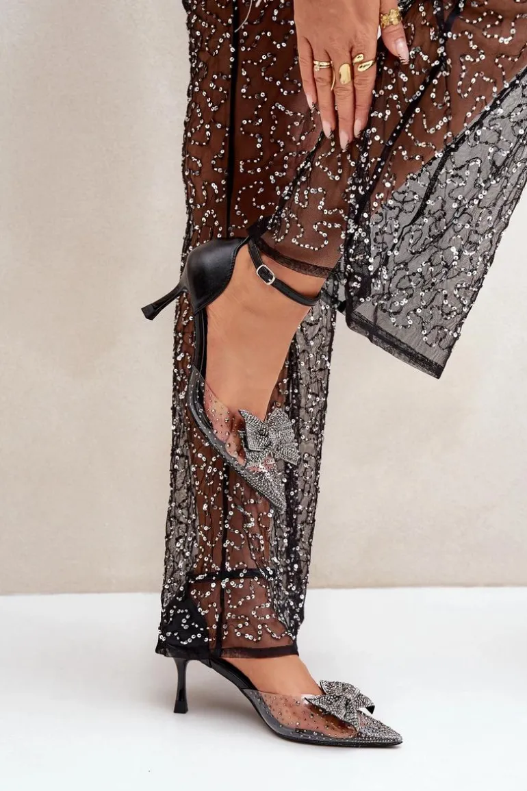 Zdobione Szpilki Z Kokardą Czarne Laviri