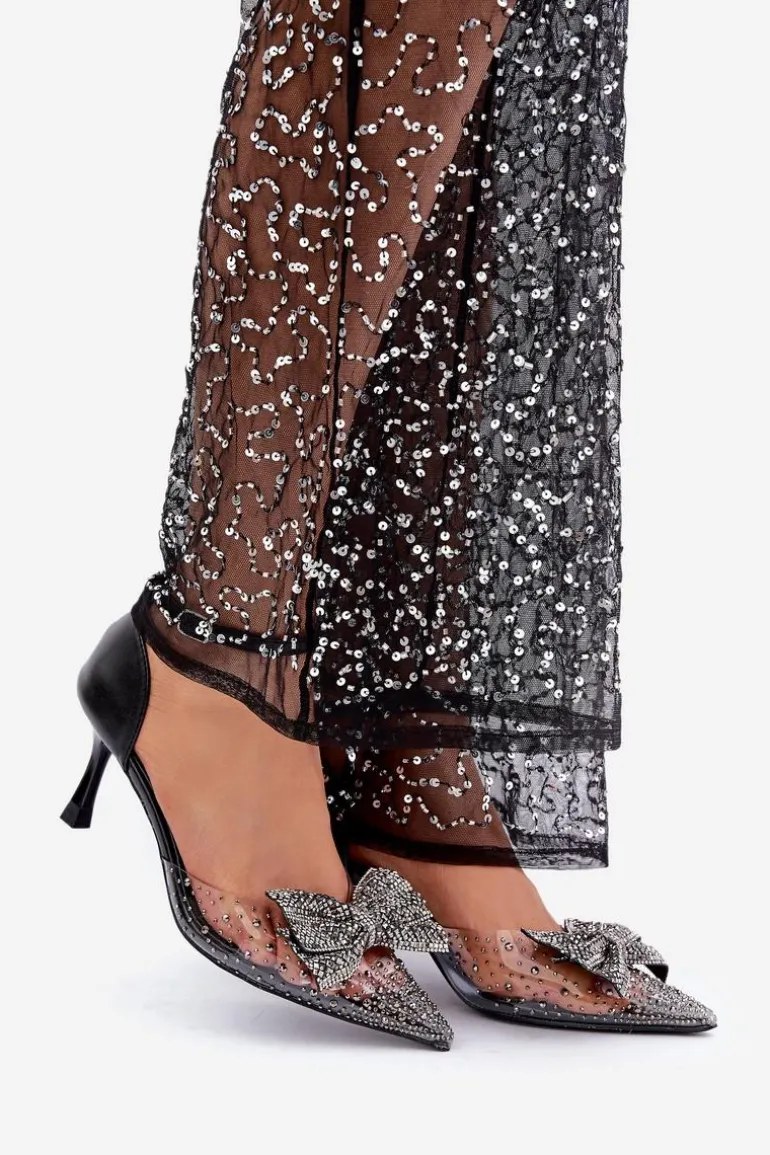 Zdobione Szpilki Z Kokardą Czarne Laviri