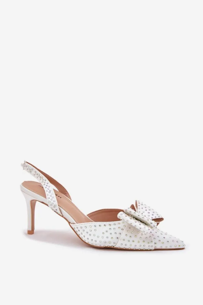 Zdobione Szpilki Z Odkrytą Piętą I Kokardką Białe Nilandriela