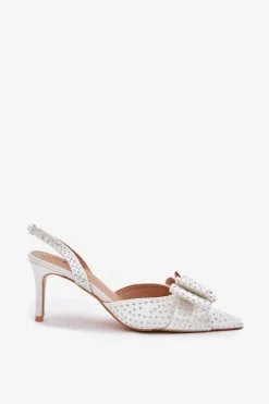 Zdobione Szpilki Z Odkrytą Piętą I Kokardką Białe Nilandriela