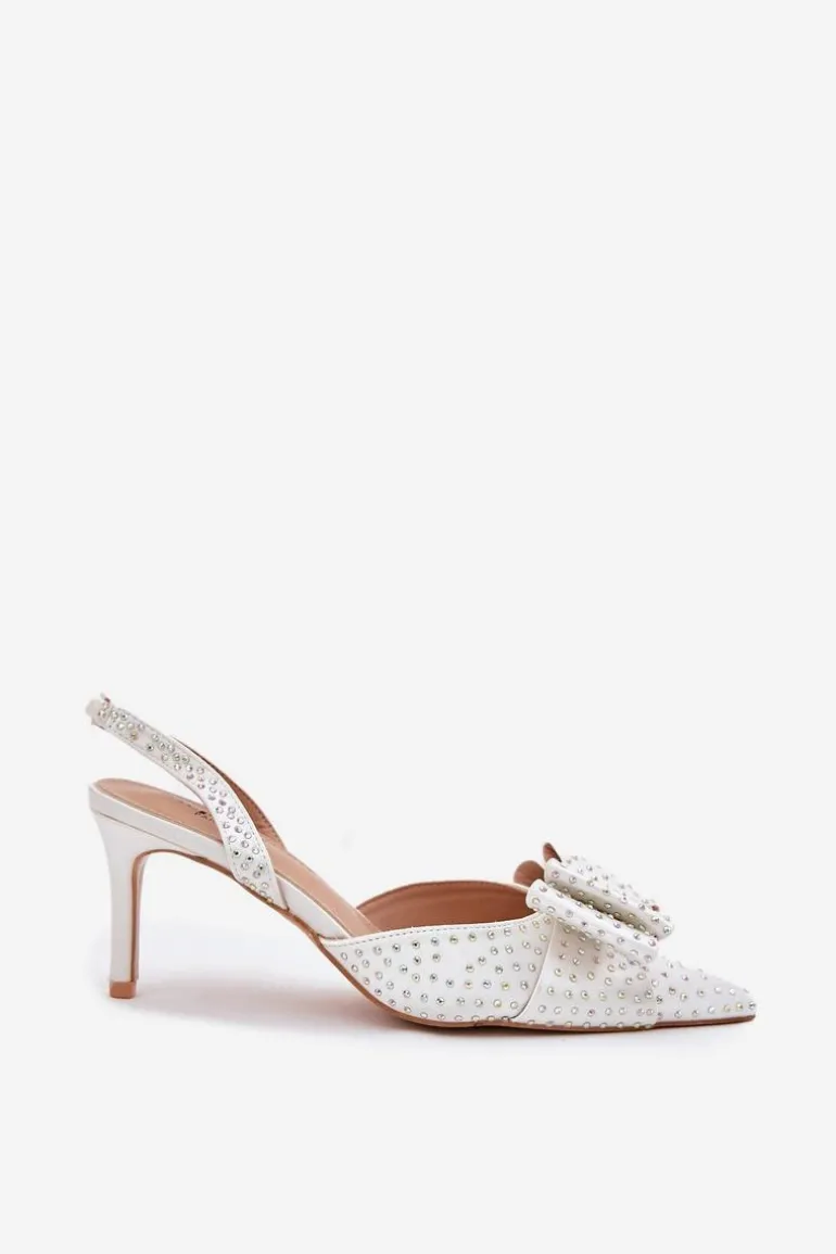 Zdobione Szpilki Z Odkrytą Piętą I Kokardką Białe Nilandriela