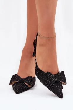Zdobione Szpilki Z Odkrytą Piętą I Kokardką Czarne Nilandriela