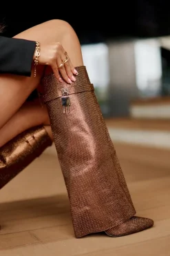 Zdobione Wsuwane Kozaki Na Szpilce Z Wywiniętą Cholewką Brązowe Enathlin