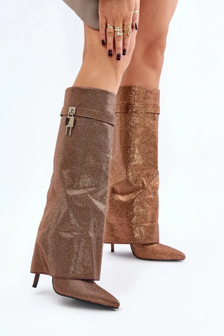 Zdobione Wsuwane Kozaki Na Szpilce Z Wywiniętą Cholewką Brązowe Enathlin