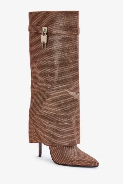 Zdobione Wsuwane Kozaki Na Szpilce Z Wywiniętą Cholewką Brązowe Enathlin