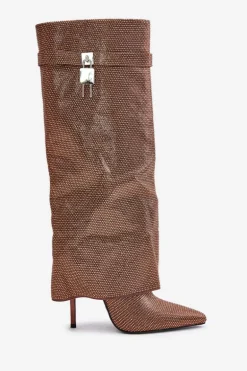 Zdobione Wsuwane Kozaki Na Szpilce Z Wywiniętą Cholewką Brązowe Enathlin