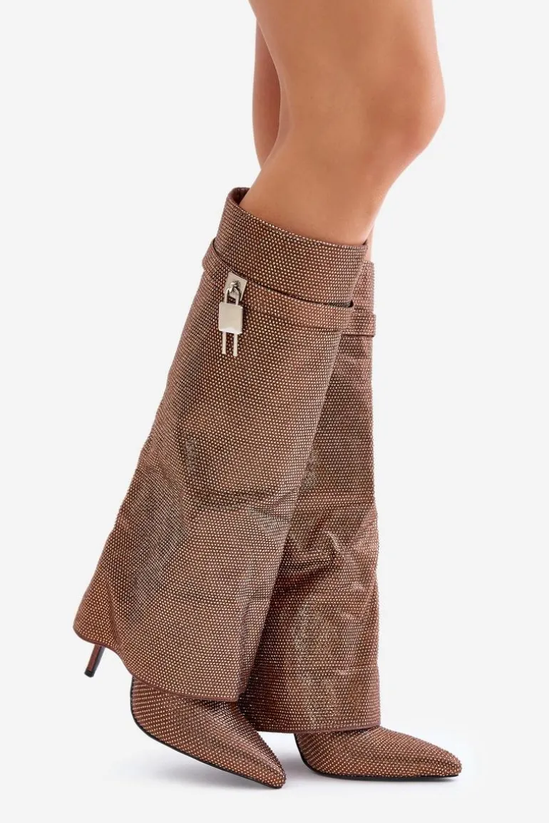 Zdobione Wsuwane Kozaki Na Szpilce Z Wywiniętą Cholewką Brązowe Enathlin