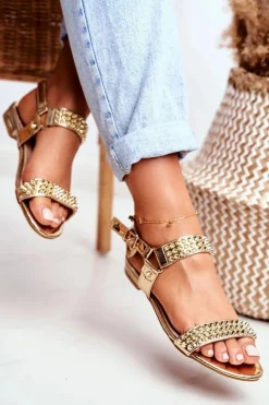 Złote Damskie Płaskie Sandałki Lu Boo Z Ćwiekami Aldona